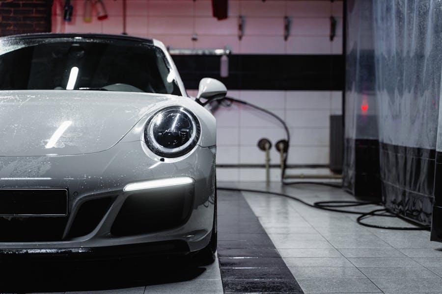 Fahrzeug in der Waschbox: Lack mit Wasserperlen bei Aufbereitung und Pflege